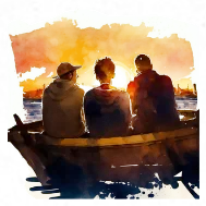 Tre uomini in barca al tramonto, acquarello
