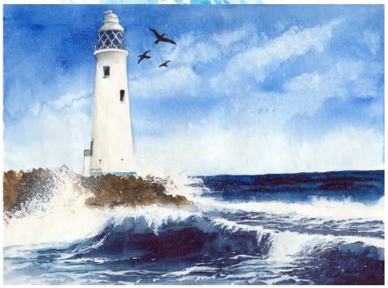 Faro bianco nella tempesta, acquarello