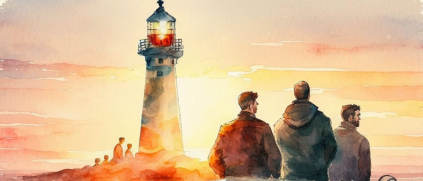 Tre lupi di mare guardano il faro al tramonto, acquarello